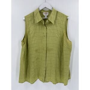 Vintage Talbots Button Up Womens 20W Green 100% Silk Sleeveless Striped Satin